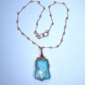 Artisan Handmade Copper Necklace With Aqua Blue Sea Glass Bohemian Pendant Boho